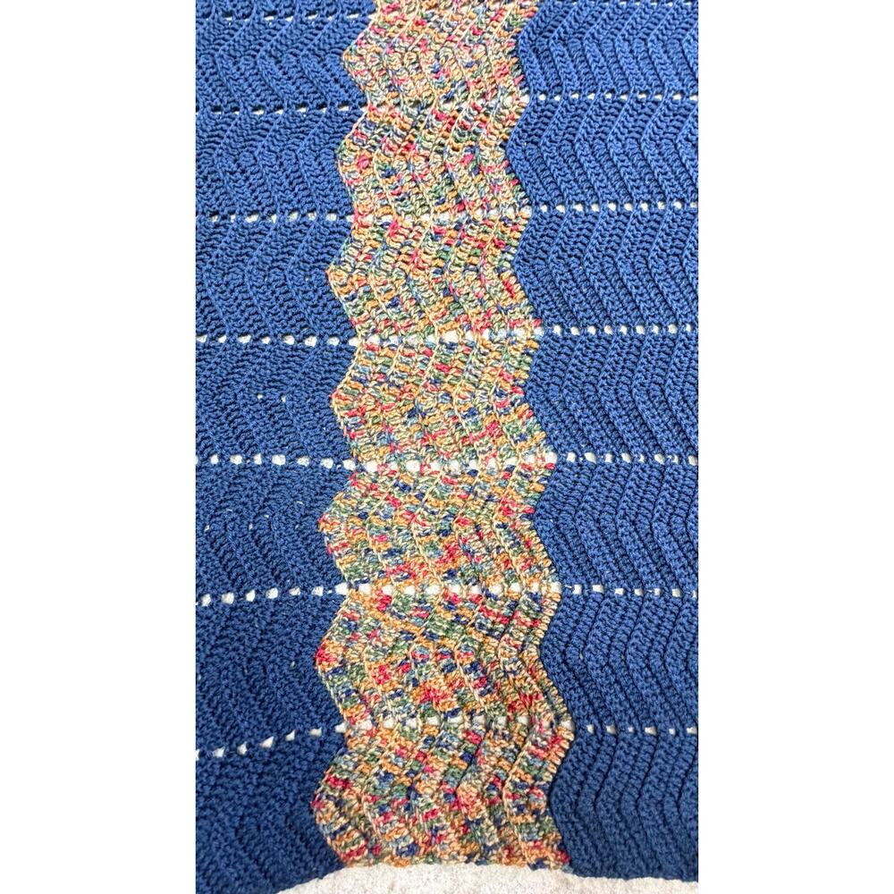 Handmade Crochet Afghan Blanket 75x64 Navy Blue Multicolor Striped Throw - Picture 2 of 4